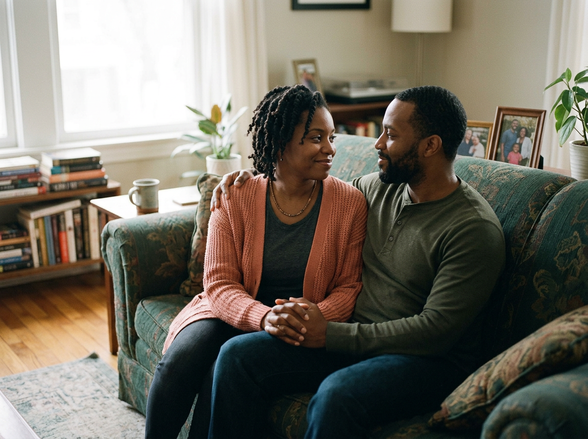 A couple sitting close on a sofa, holding hands and quietly looking at one another
