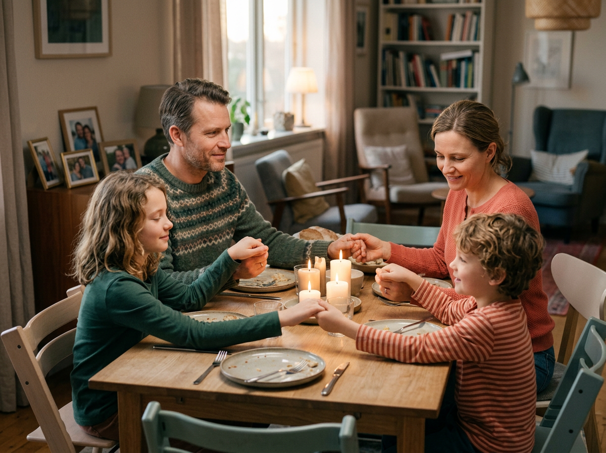 A family holding hands around the dinner table
