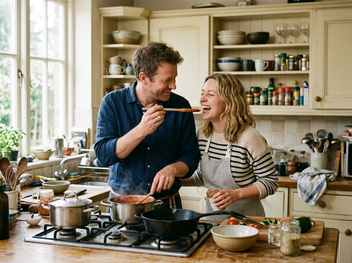A husband playfully offering his laughing wife a taste from a wooden spoon while they cook together at home