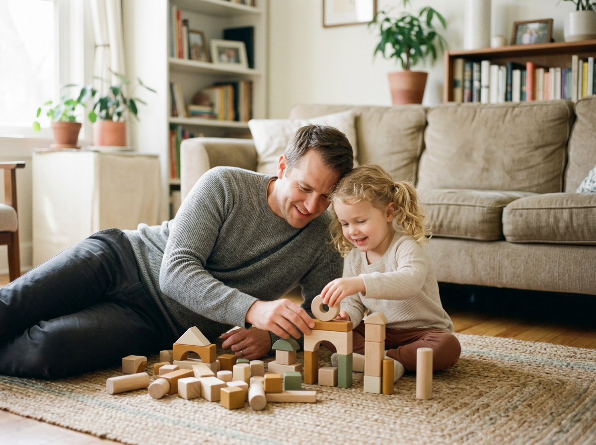A father lying on the floor building blocks with his young daughter
